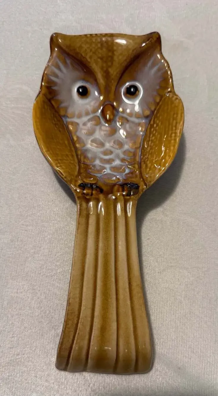 Vintage Ceramic Owl Spoon Rest Utensil Holder